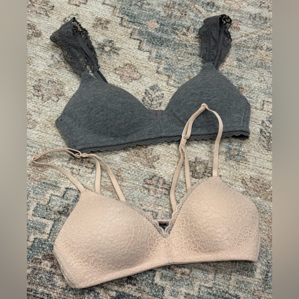 Elegant Lace Bra Set Gray & Cream lightly padded 32A hook back cotton elastane